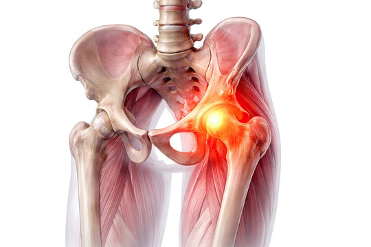 Human hip joint inflammation pain anatomy with pelvic femur muscles nerves medical illustration isolated on white background