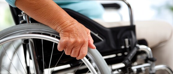 Naklejka premium Close-up of a woman's hand gripping a wheelchair handle, highlighting mobility and support for the young girl sitting in it against a simple background