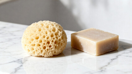 Natural Bath Sponge and Handmade Soap on Elegant Marble Surface