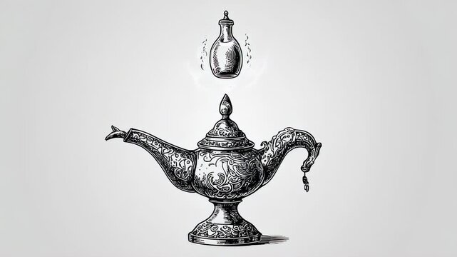 Vintage illustration of a magic lamp with a potion bottle on a light background