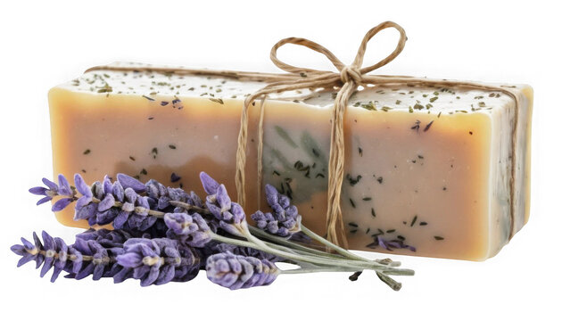 Natural handmade lavender soap bar wrapped with rustic twine ribbon resting beside fresh purple lavender sprigs on transparent background