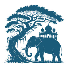 Fototapeta premium Elephant Family Under Tree Nature Illustration