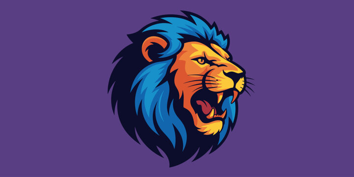 Roaring lion head mascot logo with blue mane and orange face on purple background predator animal character illustration for sports team branding gaming emblem esports identity and apparel design