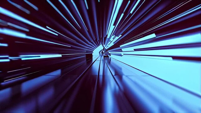 4K HD cinematic video, abstract futuristic tunnel, glowing blue geometric stripes glossy corridor, flowing light reflections, dynamic depth of field perspective particle sparks digital high-tech vibe