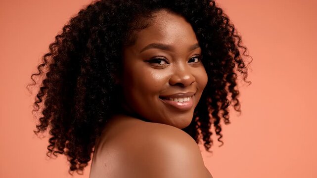 Portrait of a smiling beautiful plus-size woman with curly hair, looking over her shoulder at the camera
