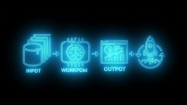 Neon-lit flowchart with input, workflow, and output icons on a black background with blue glowing lines and arrows.