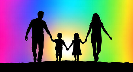 Silhouette of a loving family walking together holding hands