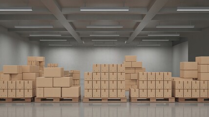Stacks of cardboard boxes on wooden pallets in modern warehouse