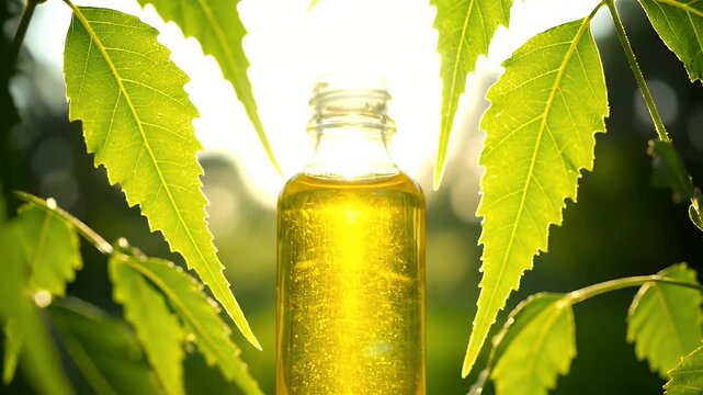 Golden essence in clear bottle, framed by fresh green leaves, sparkling under bright sunlight, symbolizing natural beauty and botanical wellness
