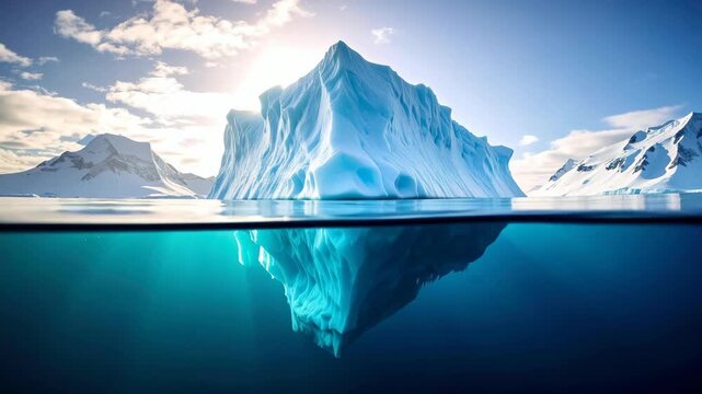Massive iceberg with underwater portion and reflection in deep blue ocean water