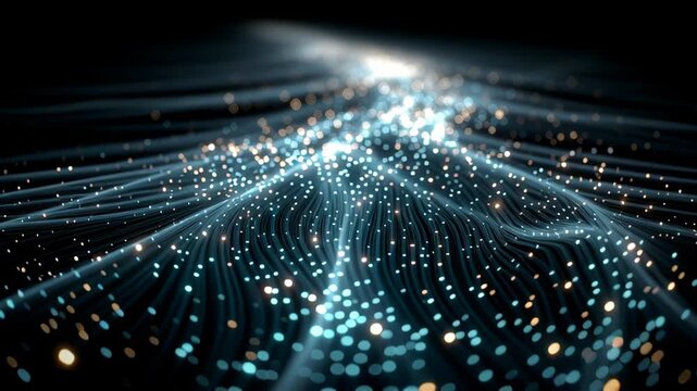 Futuristic digital matrix formed by glowing light particles creating a network pattern. the abstract composition intersection of technology and innovation, ideal for tech-related projects and modern d