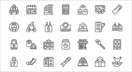 Collection of monochrome office and business related icons in a grid