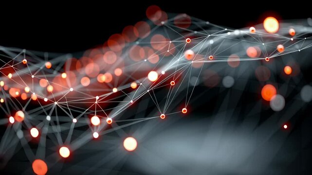 A dynamic network of interconnected glowing dots and lines set against a dark background, representing data flow and communication. ideal for technology design, digital communication, or network conce