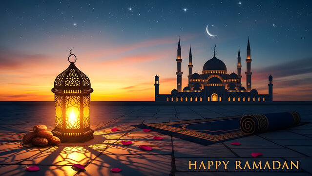 Mosque at sunset with lantern and crescent moon in the sky