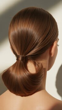 Close-up of a woman's sleek low ponytail tied with a strand of hair, illuminated by soft natural light against a neutral background. Iimage reflects elegance, minimalism, and modern beauty aesthetics