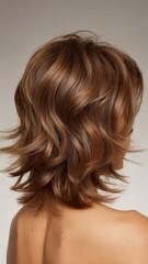Fototapeta premium Back view of shoulder-length wavy brown hair with layered cut and natural shine, styled for volume and texture, against neutral background for a modern haircare and salon hairstyle concept