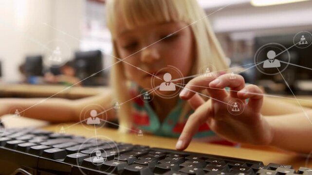 Network of profile icons against close up of caucasian girl using computer at school