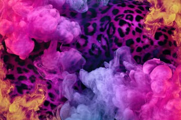 Vibrant leopard print with colorful smoke plumes in abstract art