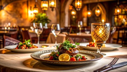 Fototapeta premium Gourmet meal served on elegant table setting with fine dining ambiance and decorative lighting