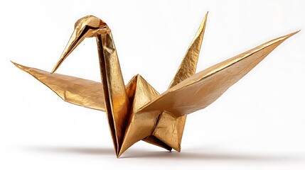 Golden origami crane sculpture on white background