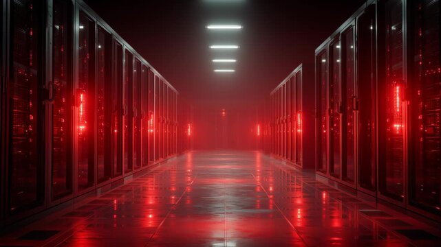 Data center operations in futuristic setting digital infrastructure technology dark environment low angle view cybersecurity concept