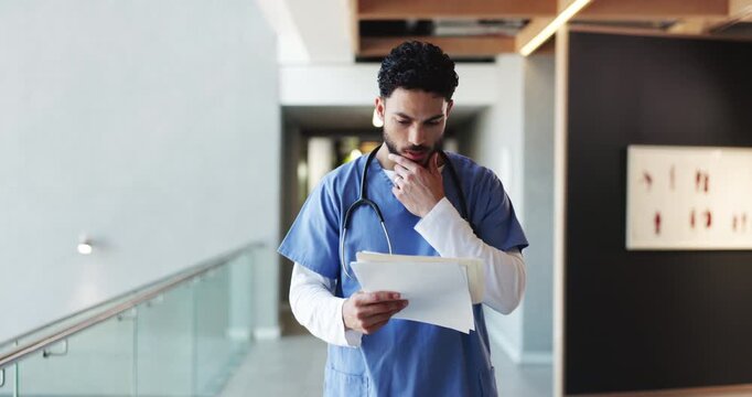 Nurse, folder and reading with man in hospital for treatment plan, patient history or medical report. Healthcare diagnosis, insurance paperwork and checkup records with person for specialist referral