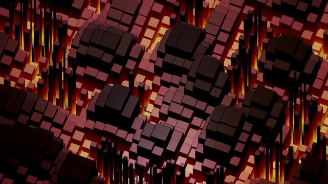 Isometric 3D blocks arranged in a tilted glowing red grid resembling a sci-fi city with sharp angles and illuminated depth structures