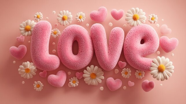 Valentine's day. love valentine groovy romance pink heart flower daisy 3d text love valentine groovy romance pink heart flower daisy 3d text design pastel background create sweet joyful mood