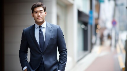 Fototapeta premium In a vibrant urban setting, a dapper young man in a perfectly fitted suit strolls down the lively street. The sun casts a warm glow as he exudes charm and confidence