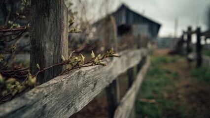 Obraz premium Old wooden fence with spring buds