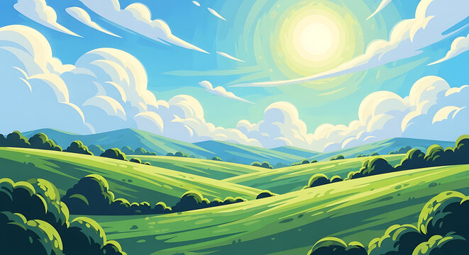Vibrant Stylized Landscape with Rolling Green Hills and Sunny Blue Sky Illustrations