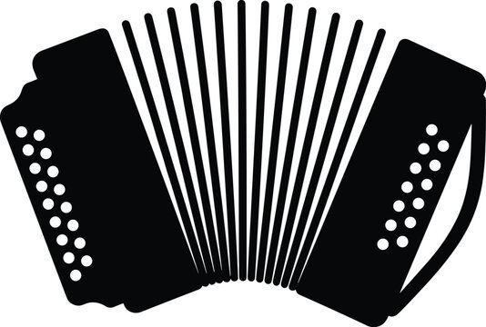 Minimal vector silhouette, vintage accordion with bellows and side buttons, solid black, isolated on white.