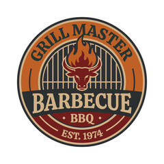 Barbecue logo, icon. BBQ, Grill masrer label or badge with fire flame, bull head. Meat restaurant, food party, barbeque vintage design element. Vector illustration.
