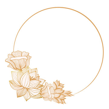 Round frame with golden flowers, lotus on a transparent background.
Hand-drawn. Linear floral logos, frames and borders, backgrounds for social media, greetings, and wedding frames.