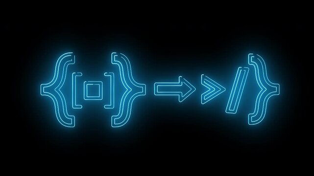 Glowing blue coding symbols on a black background with a white section at the bottom.