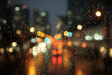 Rainy night city lights blurred through water droplets on glass