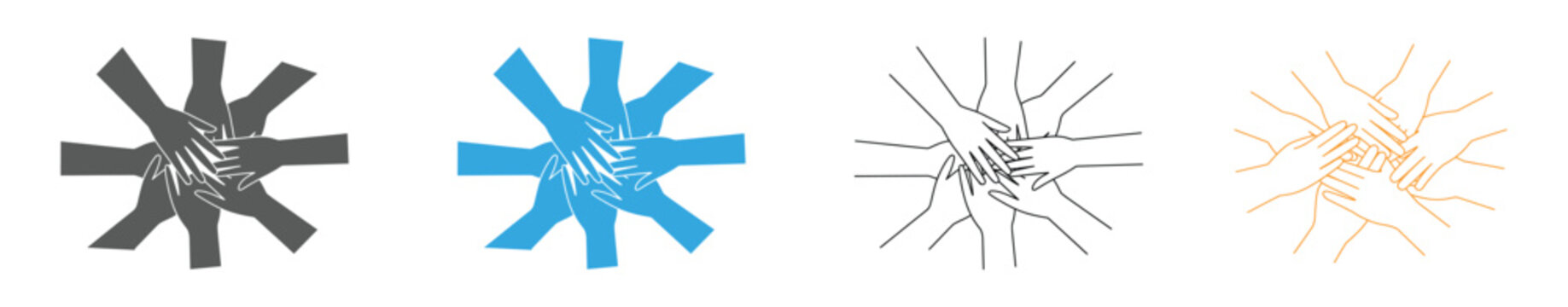 Teamwork Hands Vector Illustration, Collaboration Unity Support Concept, Group Hands Stack Flat Design and Silhouette.