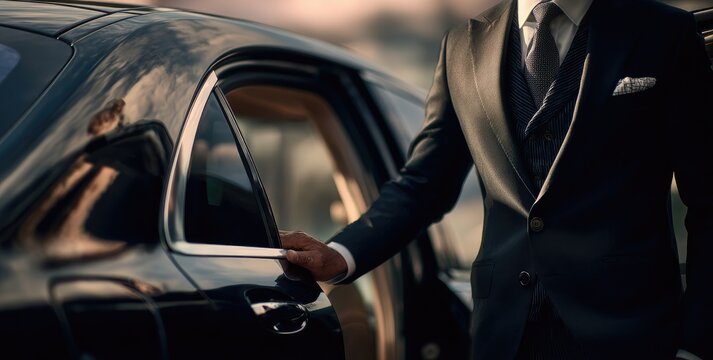 Elegant man in suit opens luxury car door, offering premium transportation