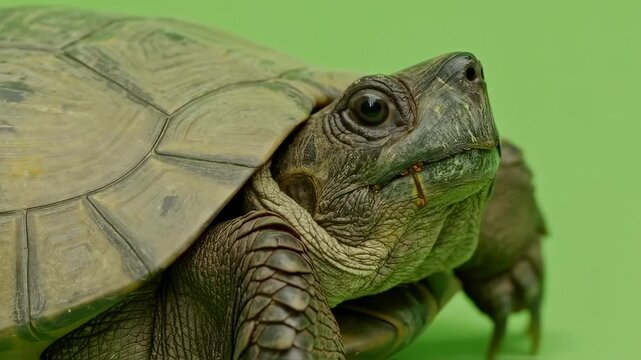 A close-up of a turtle's head and shell against a green backdrop