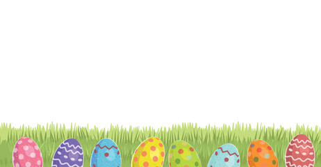 Easter banner. Colored eggs hang on strings and lie hidden in the grass.  Border colored eggs frameHappy Easter.