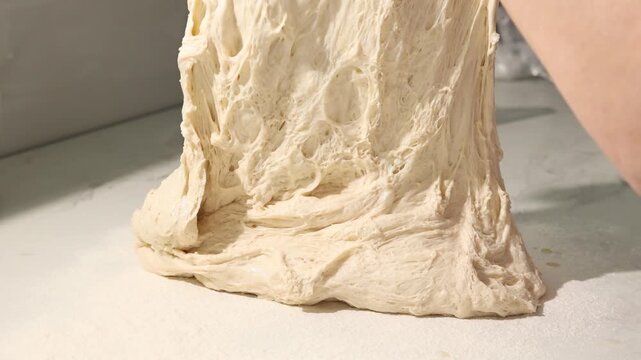A baker shapes ciabatta bread dough on a clean kitchen countertop. The dough's elastic texture shows proper fermentation, stretched and folded carefully by hand during preparation for baking.