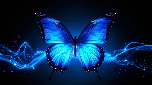 Vibrant electric blue butterfly on dark background with glowing neon light waves
