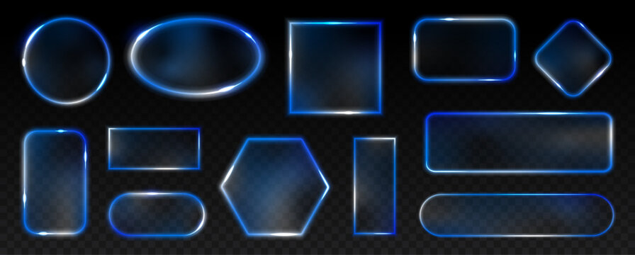 set of transparent glass on sample background. Glass framework set. Glass square, rectangular and round buttons on checkered background.