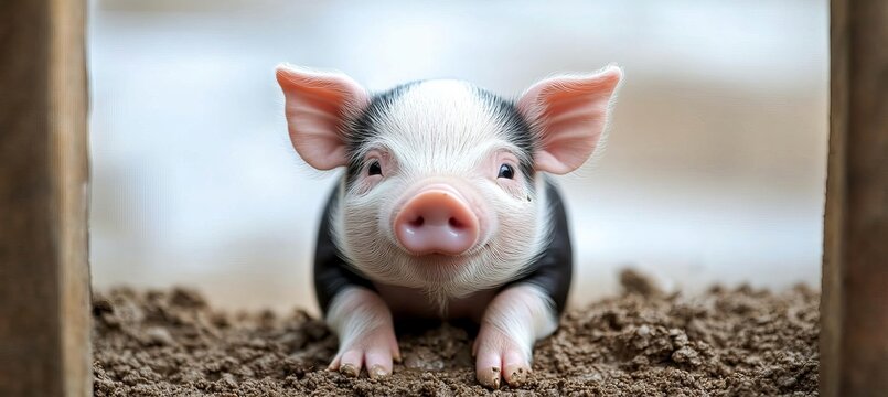 Charming Little Piglet Portrait, Black and White Pig with Bright Smile on Rural Farm, Front View