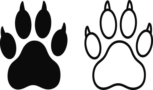 Versatile paw print vector art showcasing a dark filled silhouette and a sleek line art design, suitable for wildlife themes