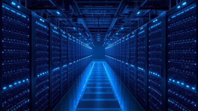 Futuristic server room with glowing blue servers and data storage racks