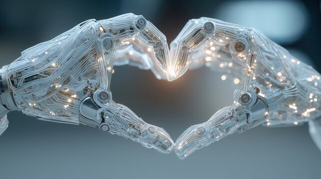 Future valentine's day. futuristic love robotic hand metal heart cyber romance glowing wire artificial intelligence digital future valentine technology light
