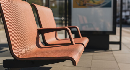 Modern Public Transit Seating Close-Up: Textured Orange Seats at Sunny Outdoor Bus Stop or Shelter, Waiting Area Furniture Detail.