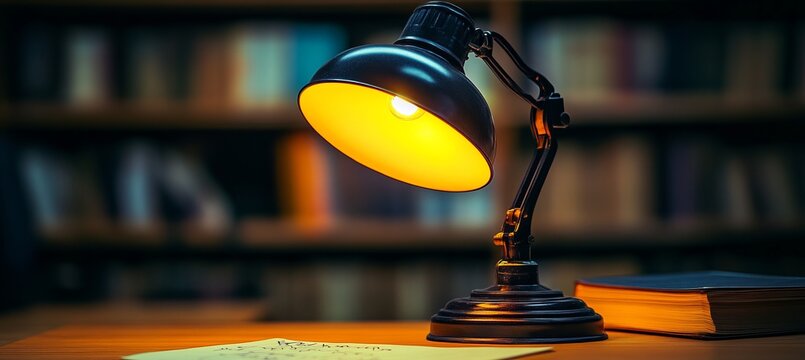 Vintage desk lamp casting warm light on stationery and old book. Study ambience with cozy tones.