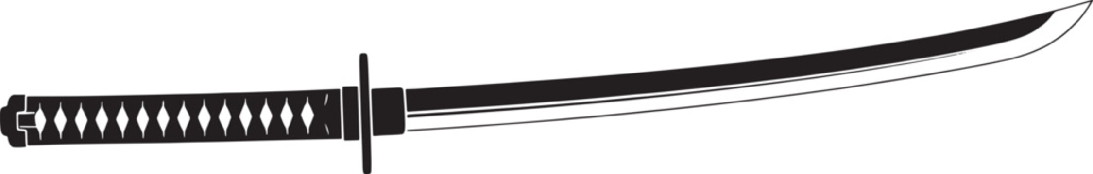Black and white sketched of a traditional Japanese katana sword with a detailed handle